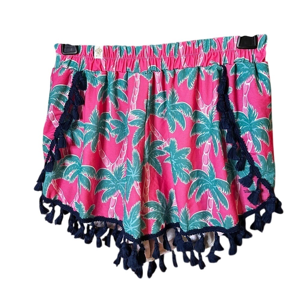 Simply Southern Shorts S/M Pink Palm Tree Tassel Trim Elastic Waist Tropical